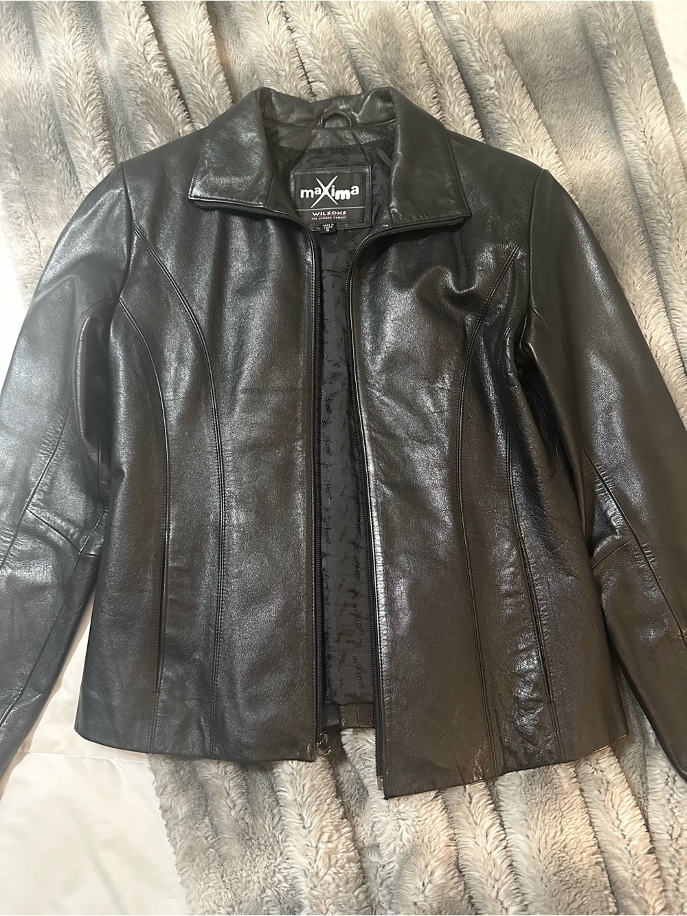 Maxima Black Leather Zip-Front Jacket for Women
